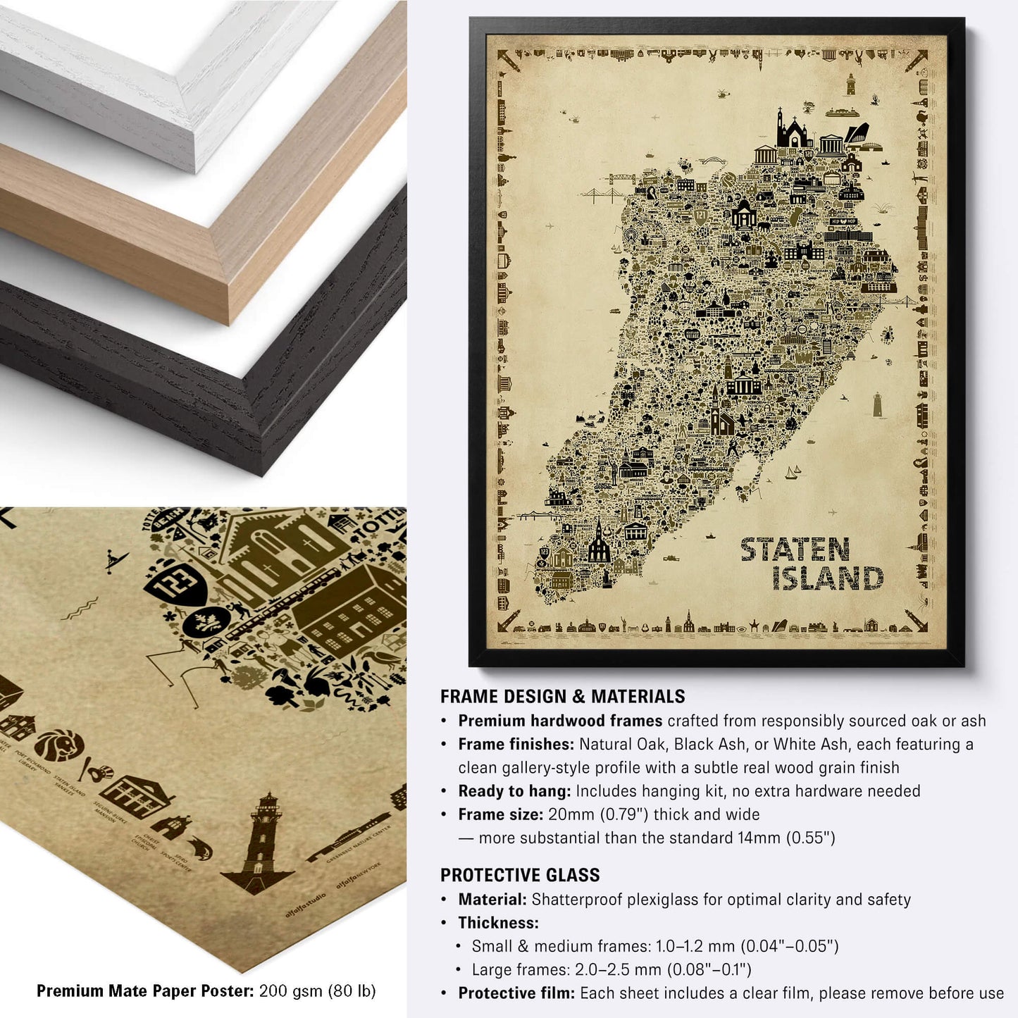 Comparison image showing the Iconic Staten Island Antique Edition framed poster with Natural Oak, Black Ash and White Ash frame options, premium matte paper, hardwood frame construction, shatterproof plexiglass and ready-to-hang hardware for vintage New York wall art.