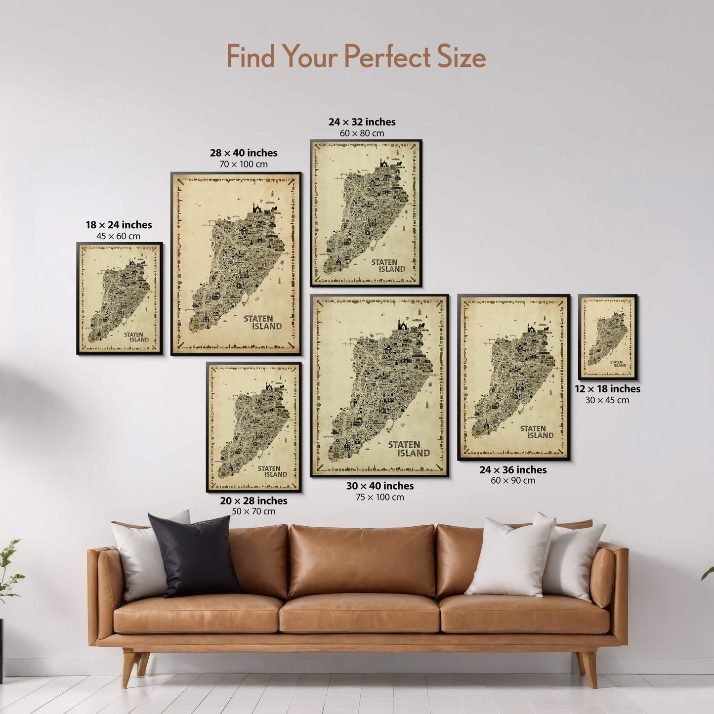 Size guide showing the Iconic Staten Island Antique Edition available in seven framed poster sizes for home décor, office walls and gallery displays.