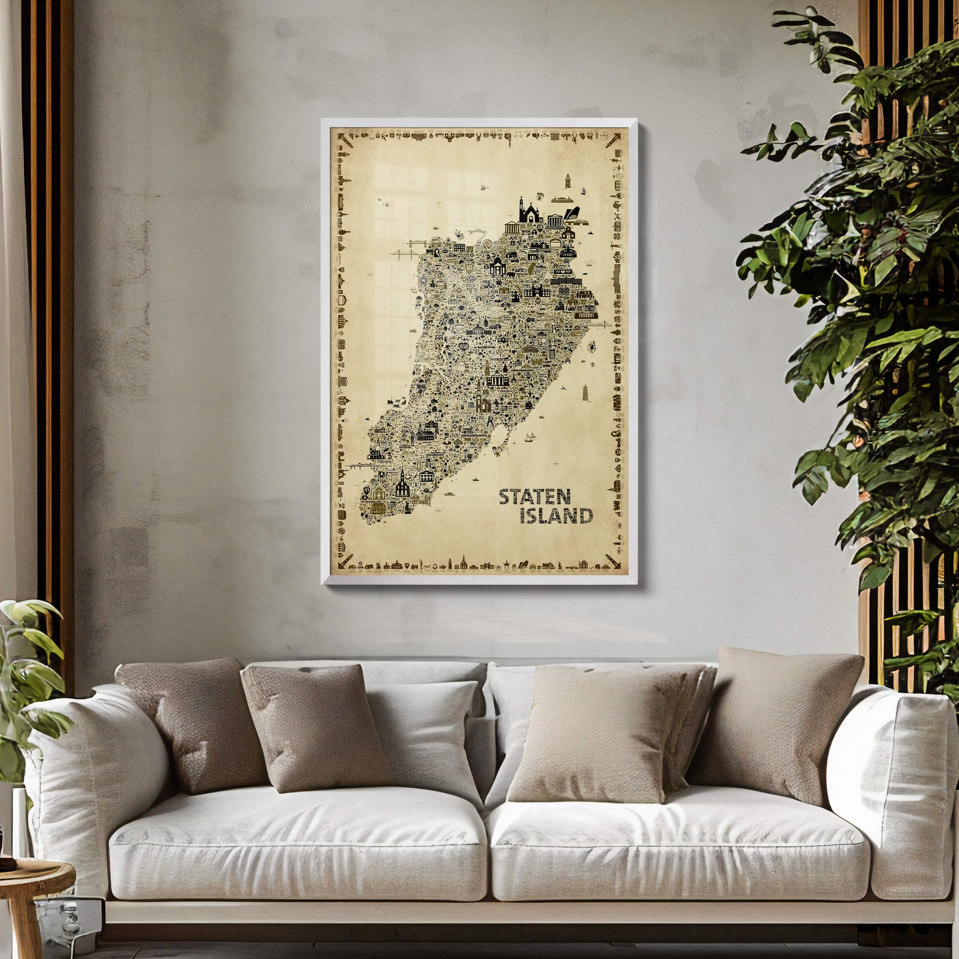 Iconic Staten Island Antique Edition displayed in a white frame above a contemporary sofa. Elegant vintage-inspired wall art for modern interiors and New York homes.