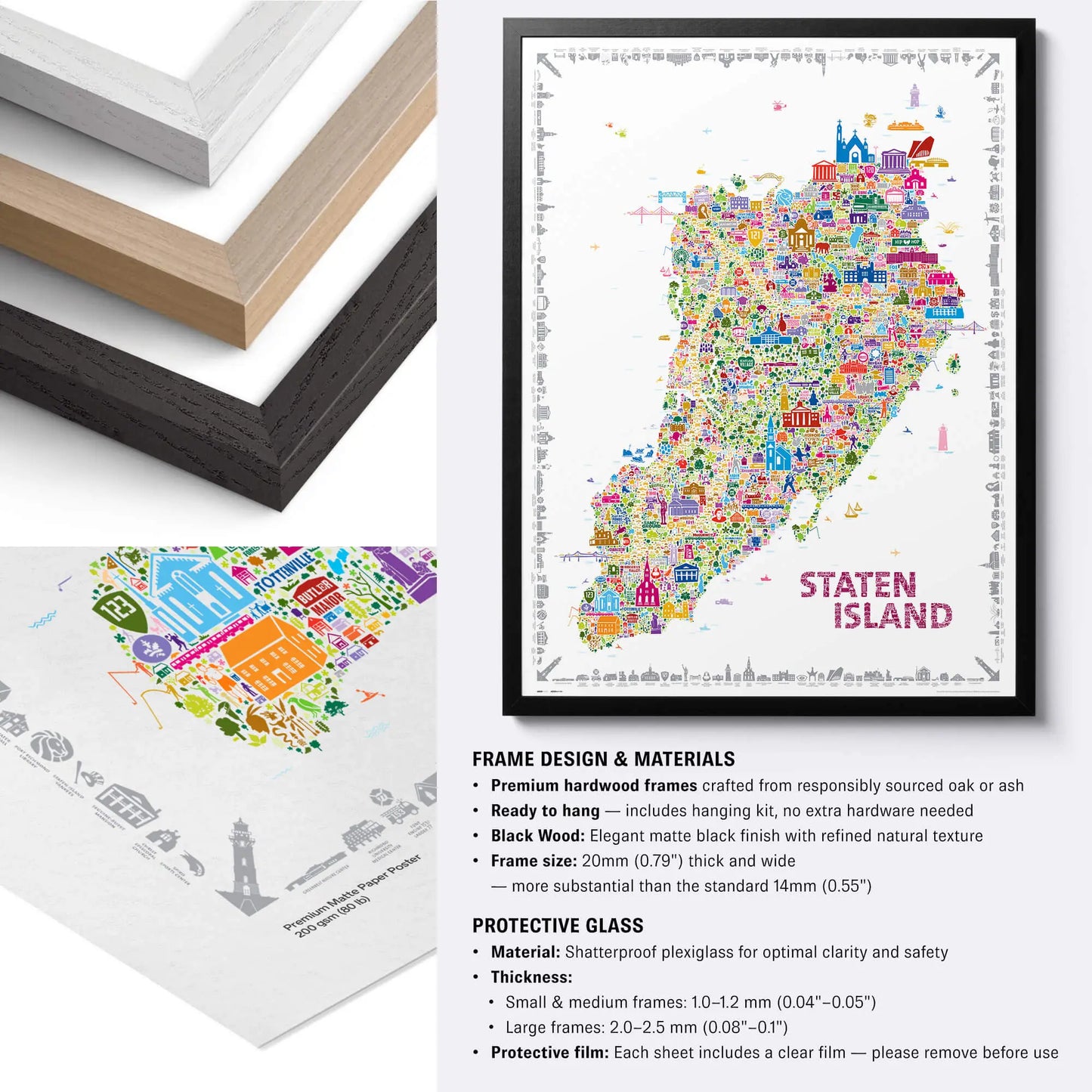 Framed colorful Staten Island map with frame design and materials information.