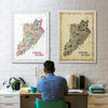 Colorful and Antique Editions of the Iconic Staten Island poster displayed together, comparing the vibrant illustrated map with the vintage sepia version for New York wall décor.