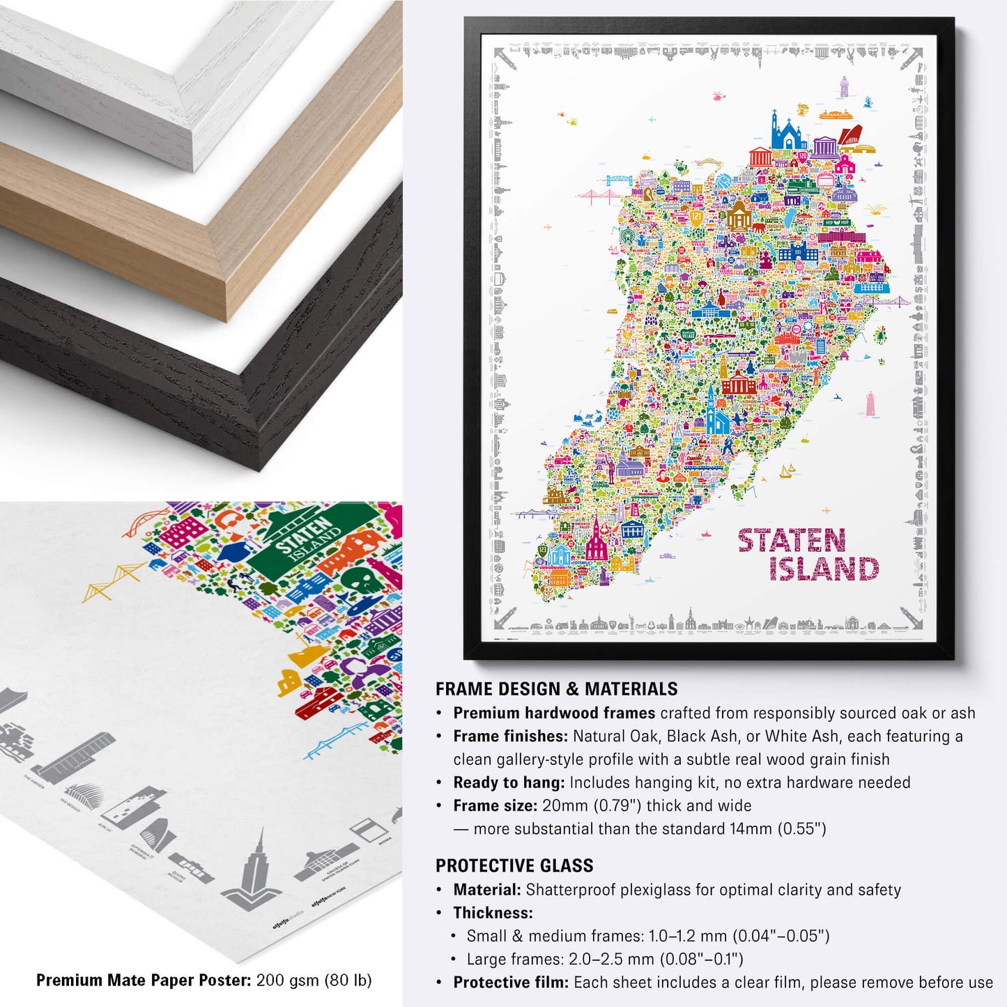 Colorful Staten Island illustrated borough map poster in a black frame with natural oak, black ash and white ash frame options, premium matte paper detail, and protective plexiglass specifications.