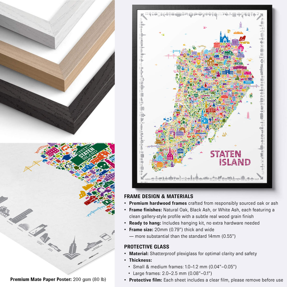 Colorful Staten Island illustrated borough map poster in a black frame with natural oak, black ash and white ash frame options, premium matte paper detail, and protective plexiglass specifications.