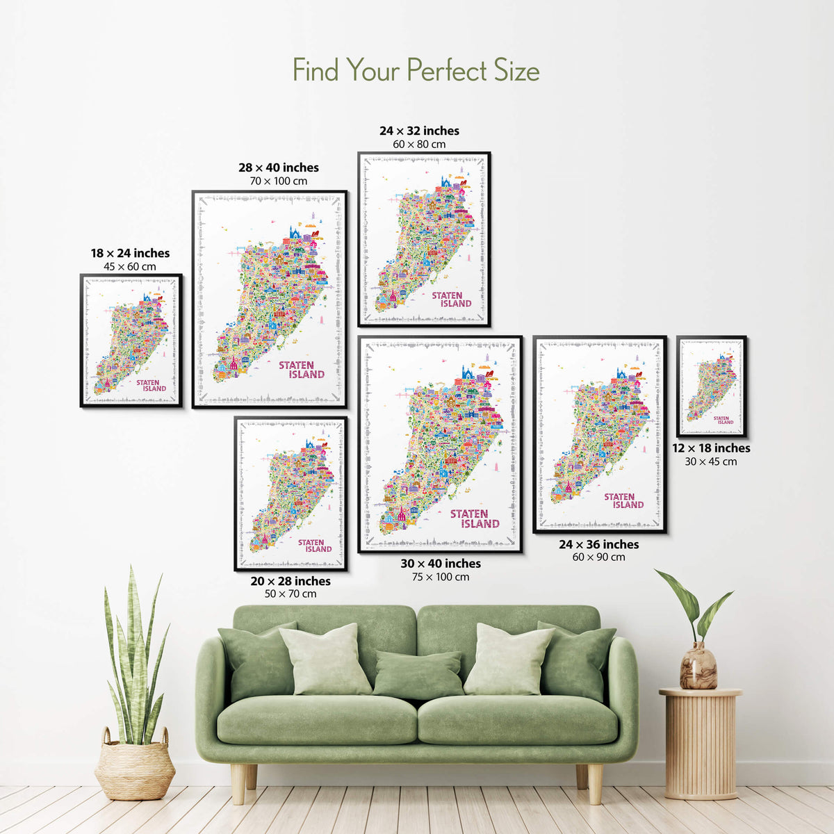 Colorful Staten Island illustrated map poster size guide showing seven framed print sizes from 12 x 18 to 30 x 40 inches above a green sofa.