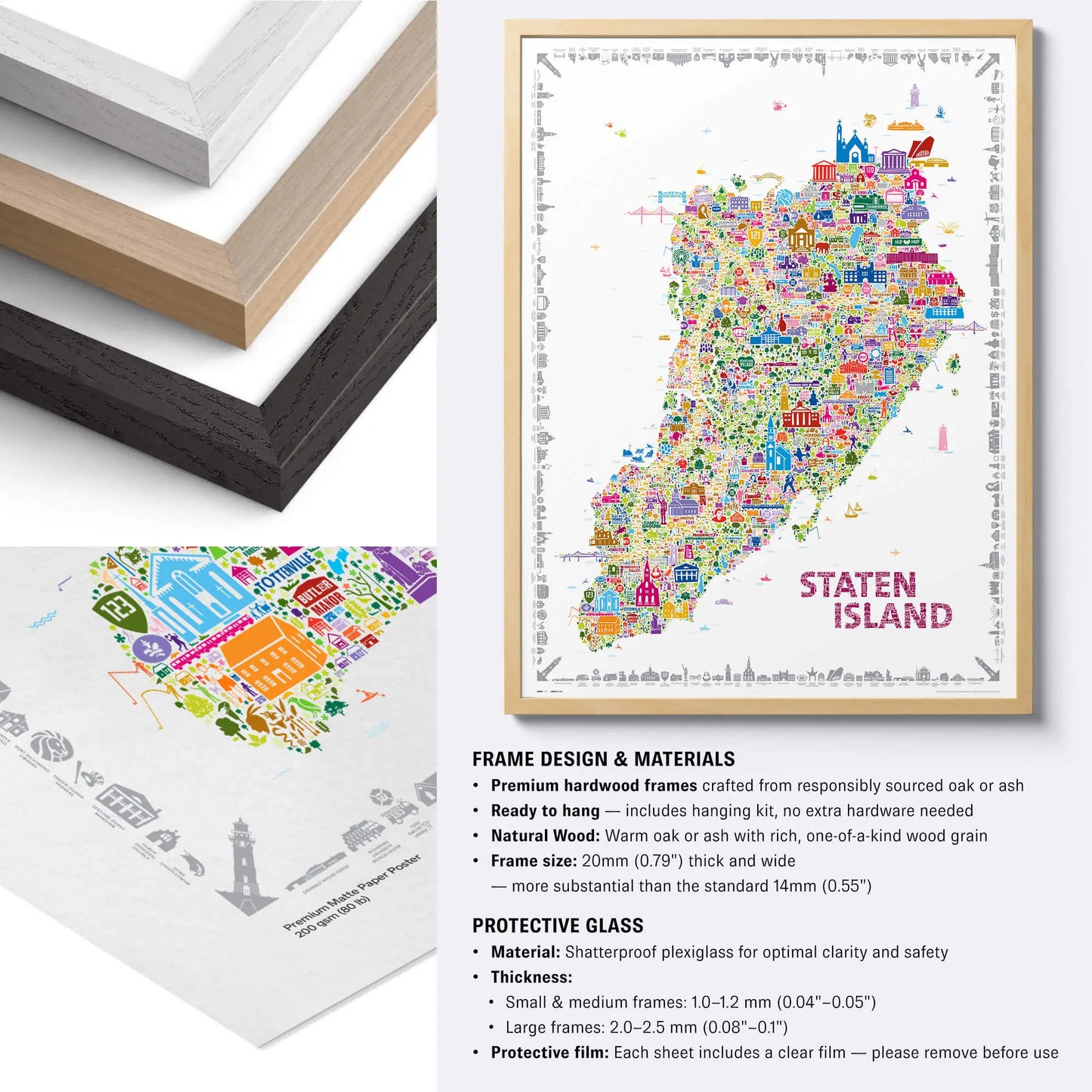 Colorful Staten Island map in a wooden frame with frame design and materials information.