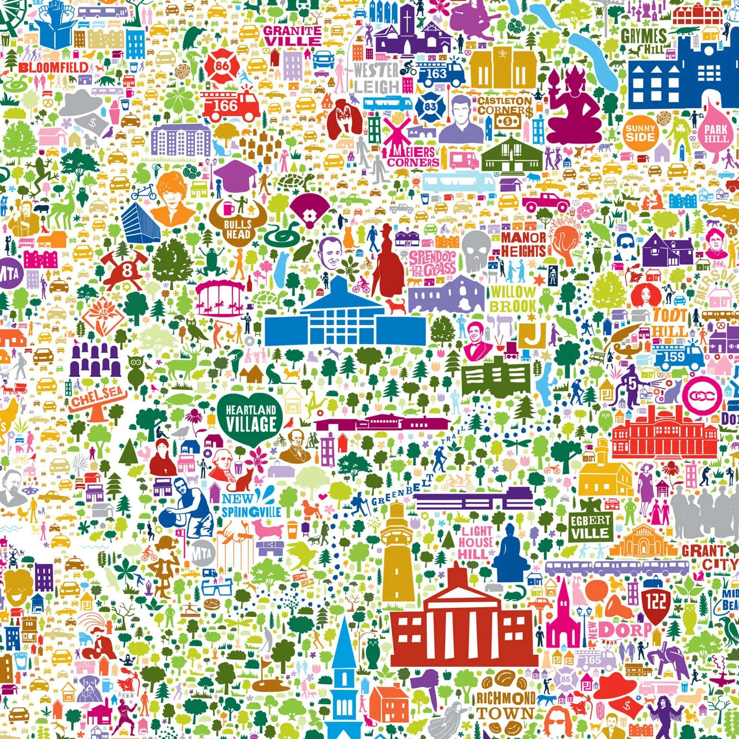 Colorful pattern of various icons and symbols on a white background