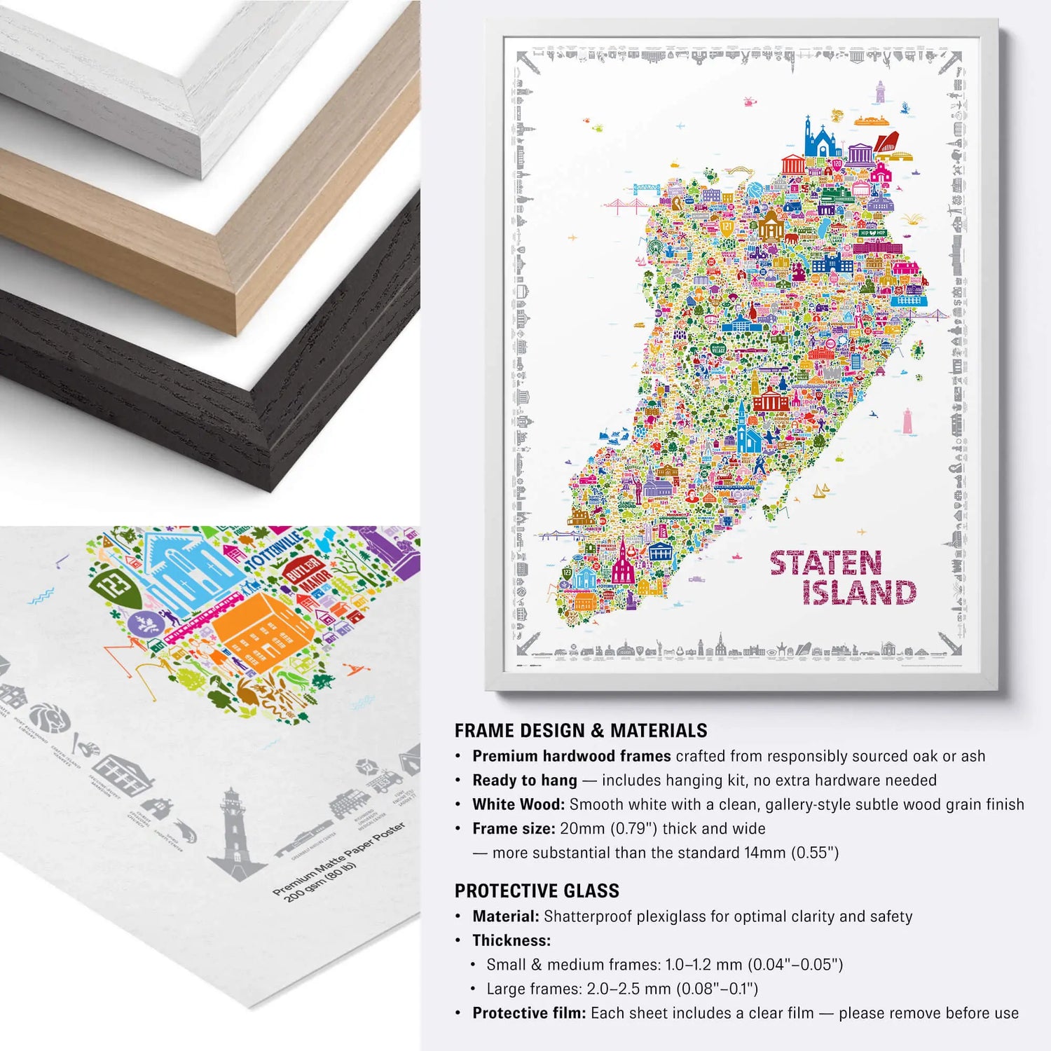 Framed colorful Staten Island map with frame design and materials information.
