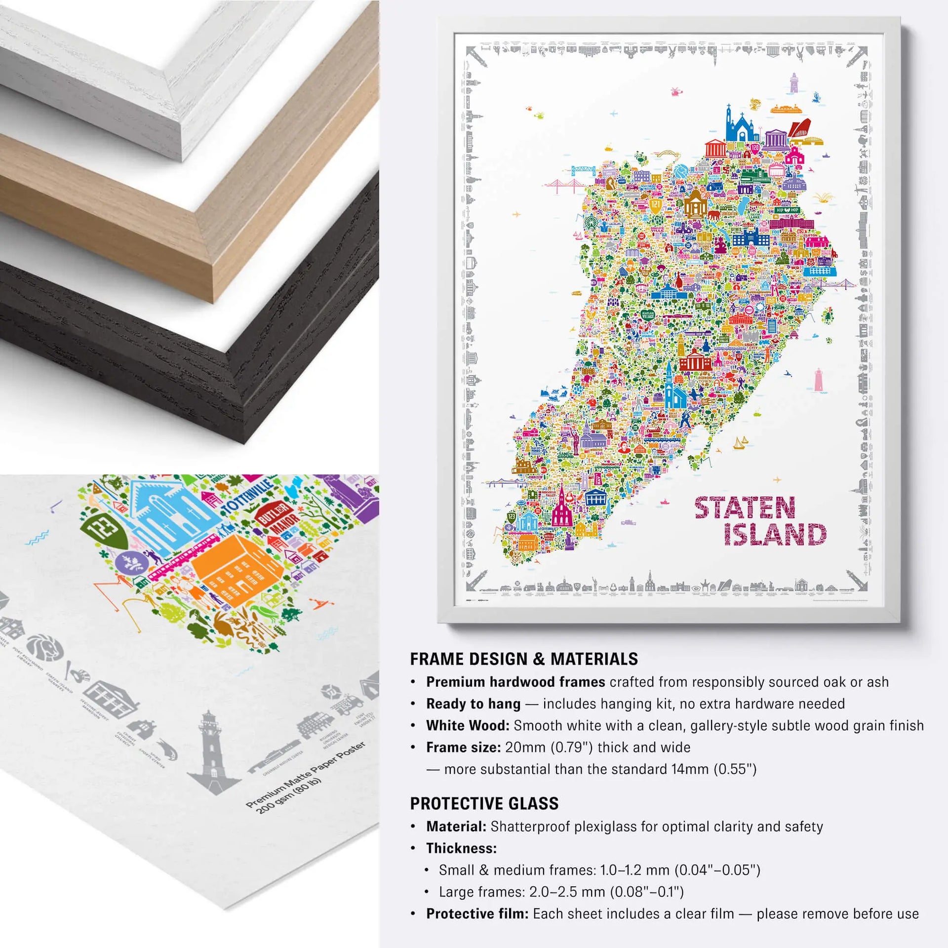 Framed colorful Staten Island map with frame design and materials information.