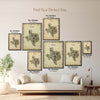 Texas Antique Edition poster size guide comparing all seven available framed print dimensions in inches and centimeters above a sofa.