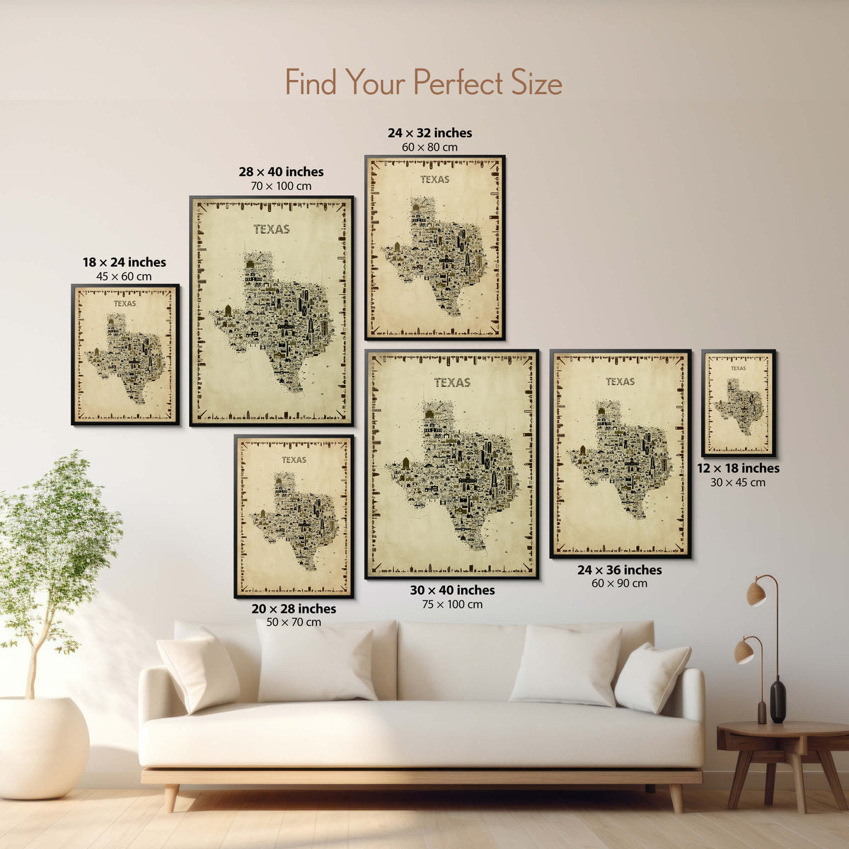 Texas Antique Edition poster size guide comparing all seven available framed print dimensions in inches and centimeters above a sofa.