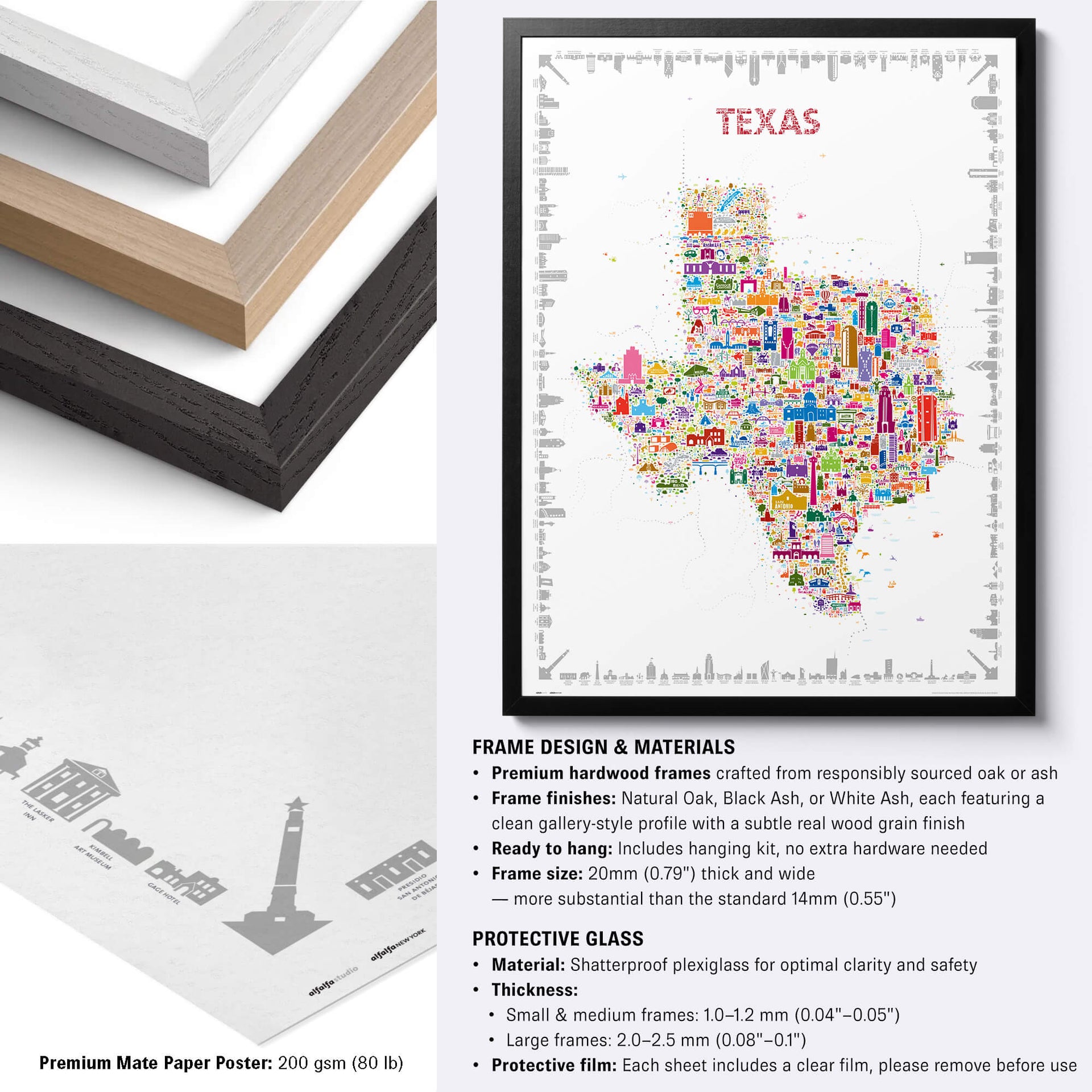 Colorful Texas illustrated state map poster with black, natural and white hardwood frame options, premium matte paper and framing specifications.