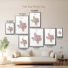 Colorful Texas illustrated map poster size guide showing seven framed print sizes from 12 x 18 to 30 x 40 inches above a neutral sofa.