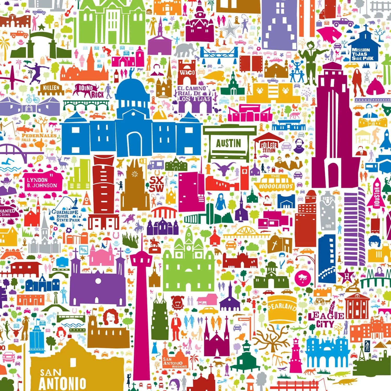 Colorful pattern of various icons and text on a white background