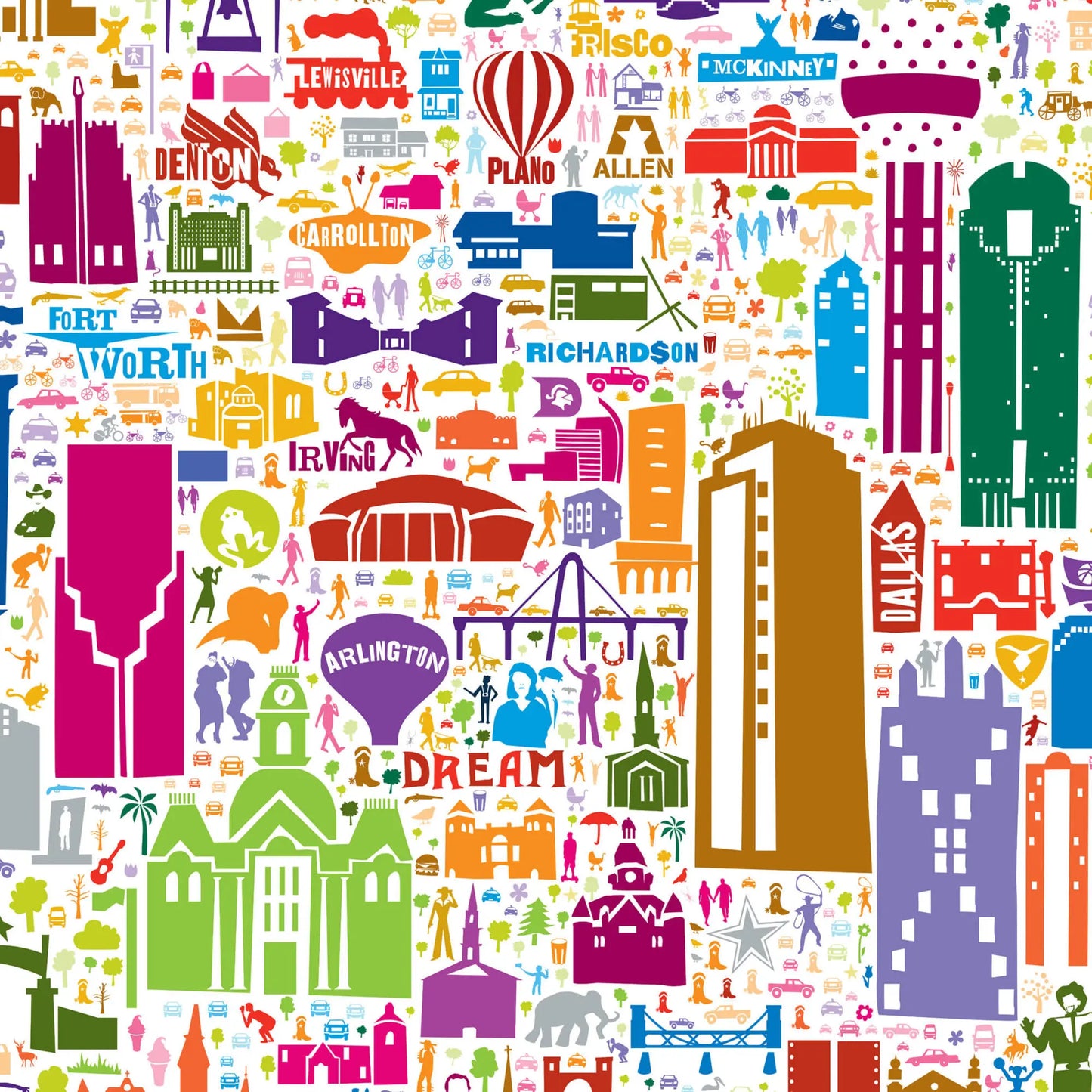 Colorful pattern of various icons and symbols on a white background