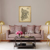 The Bronx Antique illustrated map poster in a gold-toned frame hanging above a blush sofa with velvet pillows, brass lamps, flowers, and elegant contemporary living room decor.