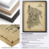 The Bronx Antique illustrated NYC borough map poster in a black frame, shown with natural oak, black ash and white ash frame options, close-up premium 200 gsm matte paper detail, and protective plexiglass specifications.