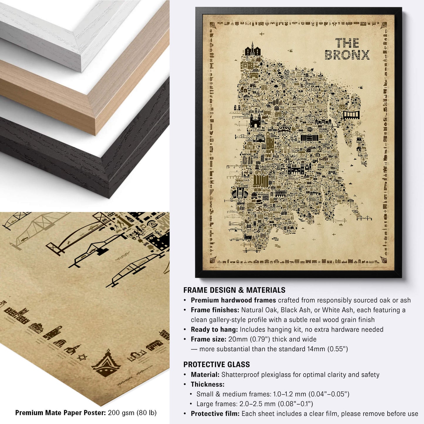 The Bronx Antique illustrated NYC borough map poster in a black frame, shown with natural oak, black ash and white ash frame options, close-up premium 200 gsm matte paper detail, and protective plexiglass specifications.