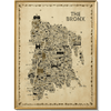 Full view of The Bronx Antique illustrated map poster in a slim gold-toned frame, featuring detailed Bronx neighborhoods, landmarks, architecture, streets, bridges, and cultural icons in sepia tones.