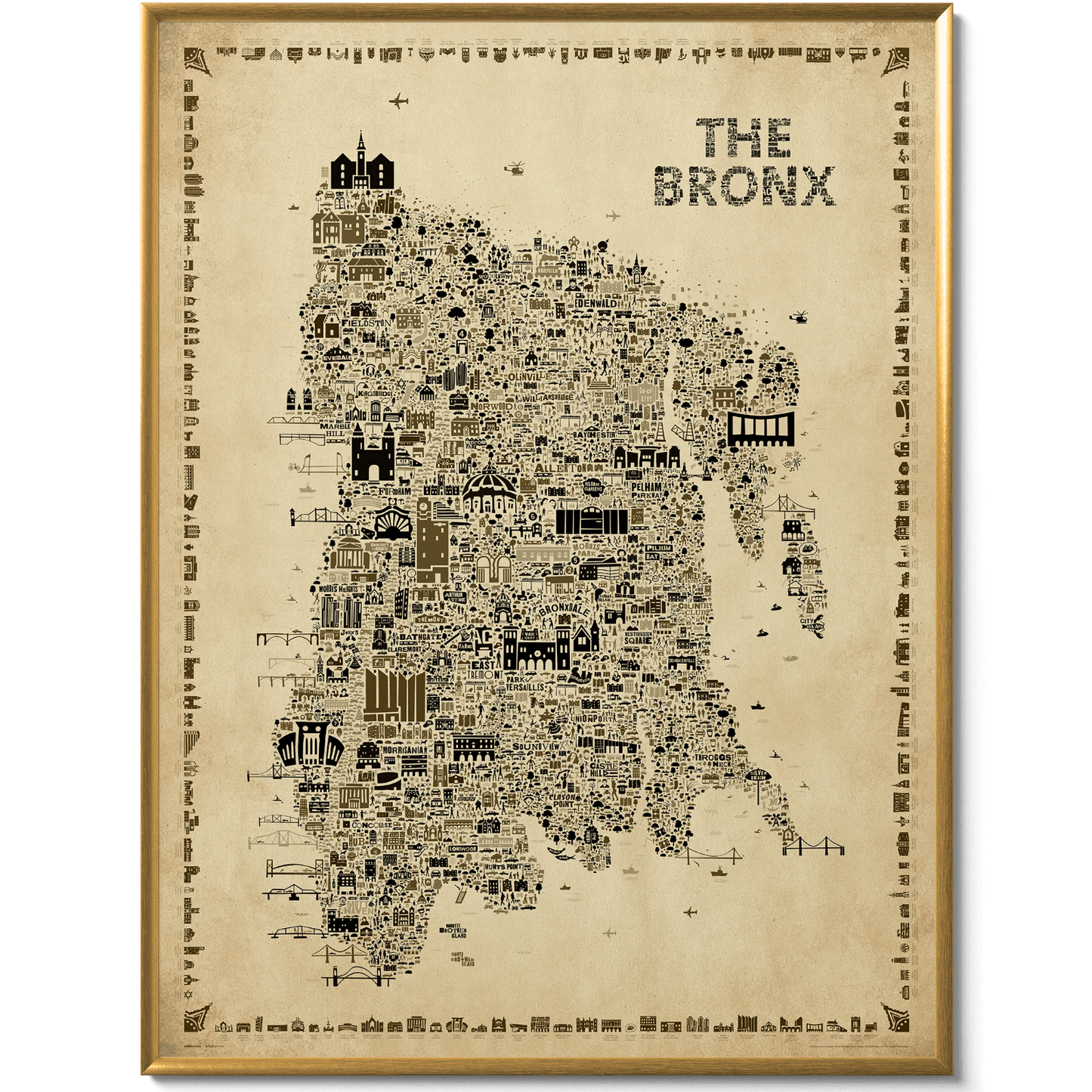 Full view of The Bronx Antique illustrated map poster in a slim gold-toned frame, featuring detailed Bronx neighborhoods, landmarks, architecture, streets, bridges, and cultural icons in sepia tones.