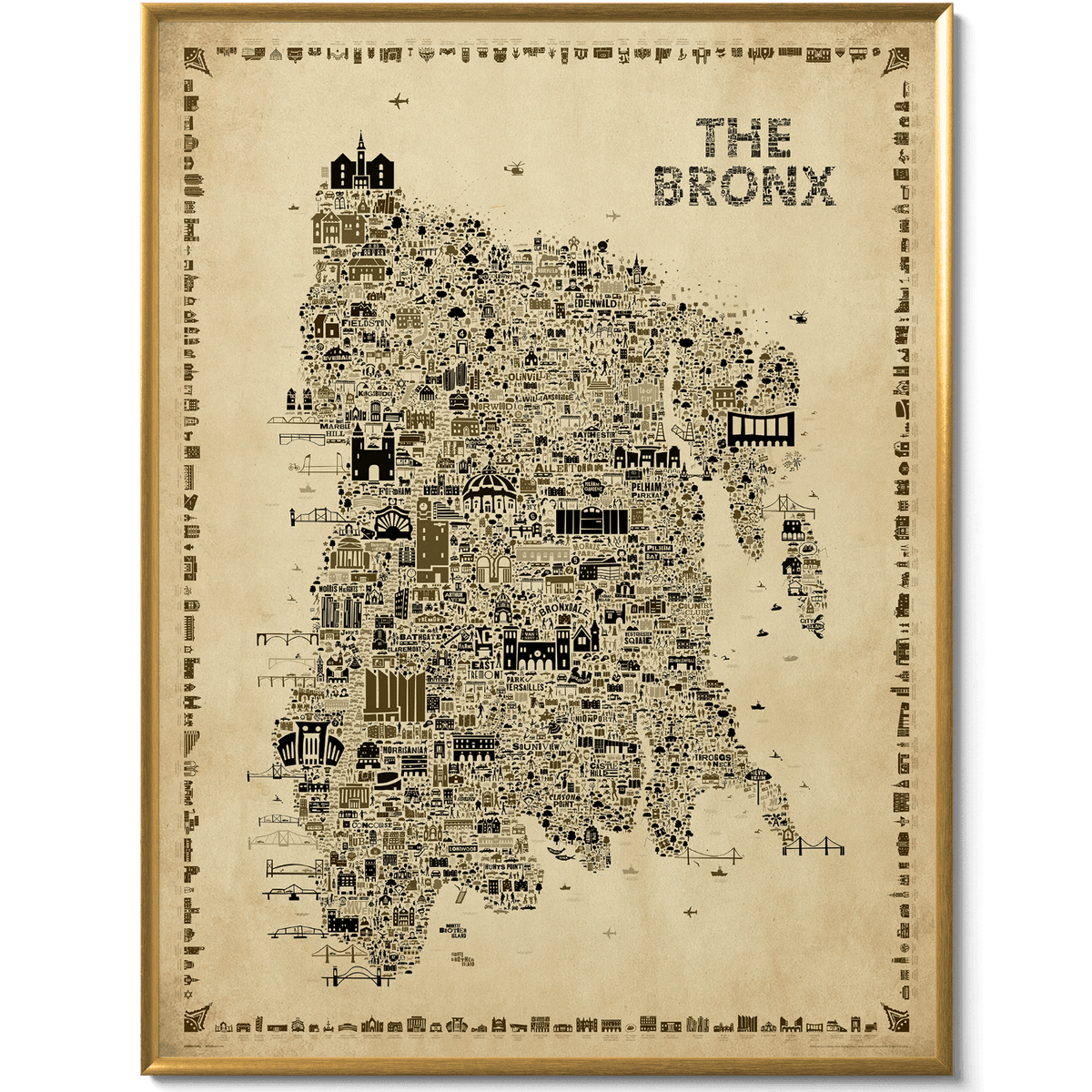 Full view of The Bronx Antique illustrated map poster in a slim gold-toned frame, featuring detailed Bronx neighborhoods, landmarks, architecture, streets, bridges, and cultural icons in sepia tones.