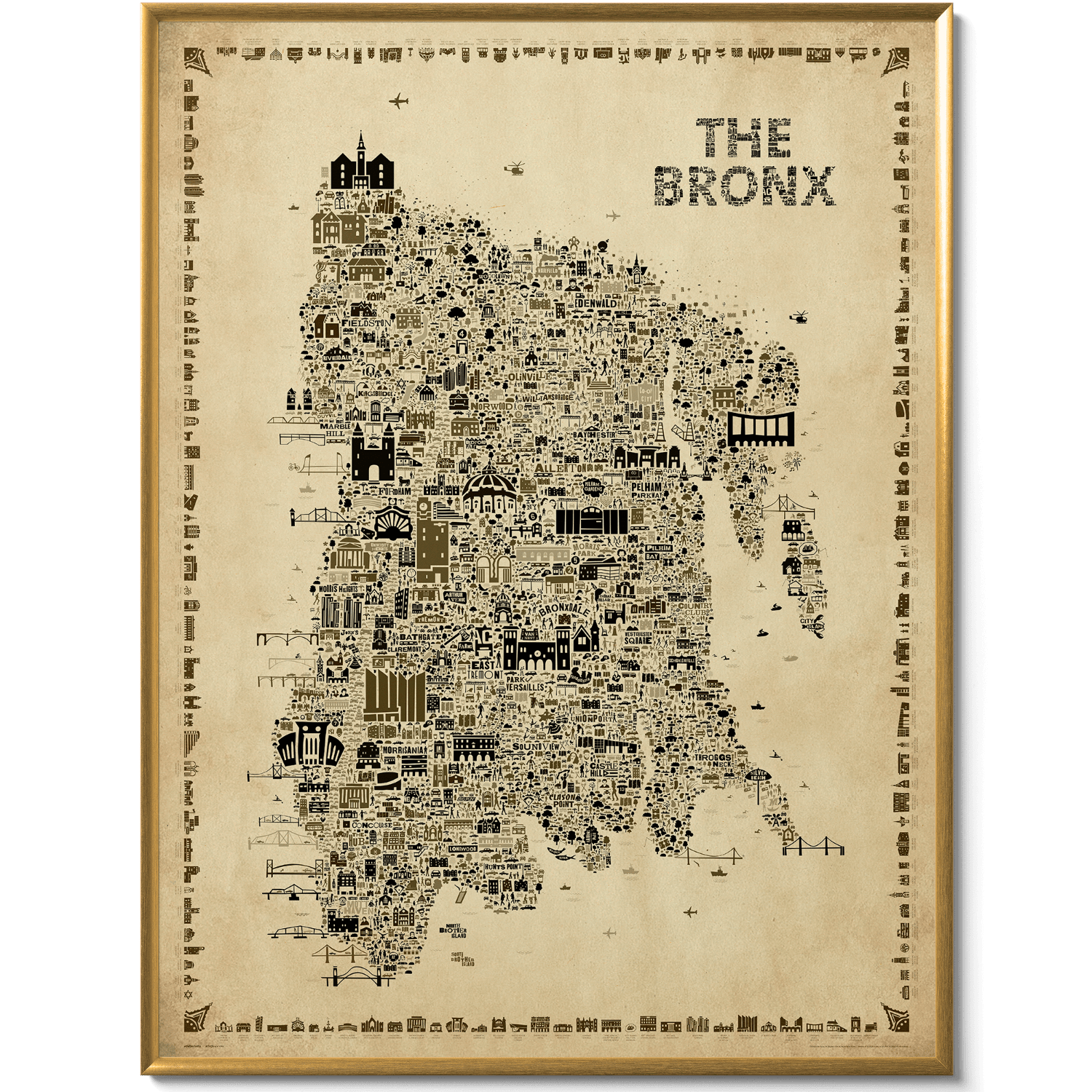 Full view of The Bronx Antique illustrated map poster in a slim gold-toned frame, featuring detailed Bronx neighborhoods, landmarks, architecture, streets, bridges, and cultural icons in sepia tones.