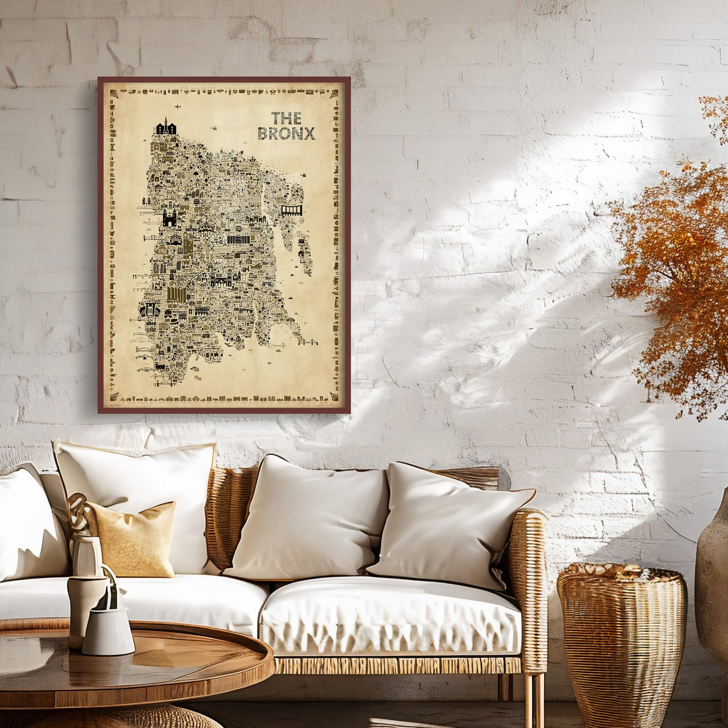 Framed The Bronx Antique illustrated map poster hanging above a cream sofa in a warm sunlit living room with textured white walls, wicker accents, and neutral decor.