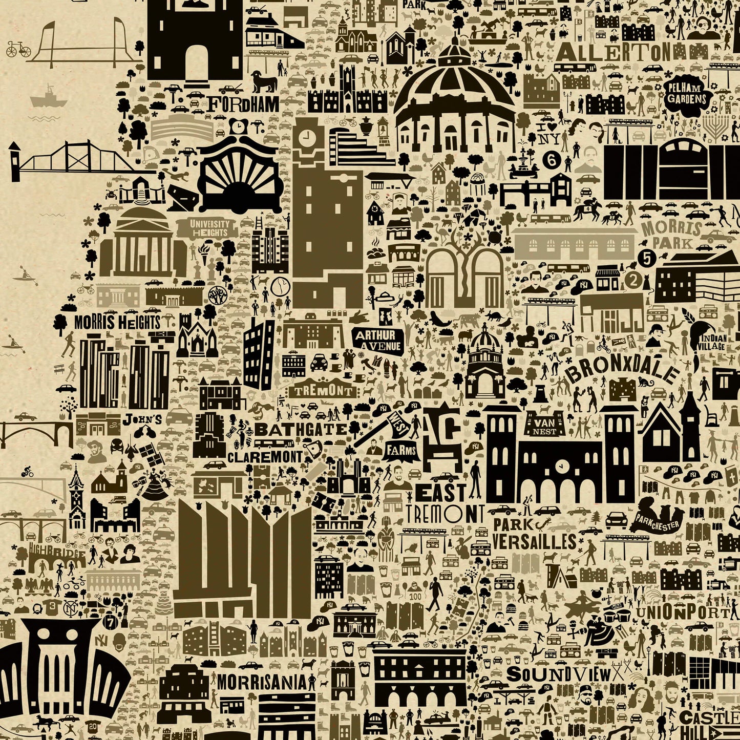 Detailed close-up of The Bronx Antique illustrated map showing neighborhoods and landmarks including Fordham, University Heights, Morris Heights, Bathgate, Tremont, Allerton, Pelham Gardens, Bronx Park, Morris Park, Bronxdale, Soundview, and surrounding architecture and local icons.
