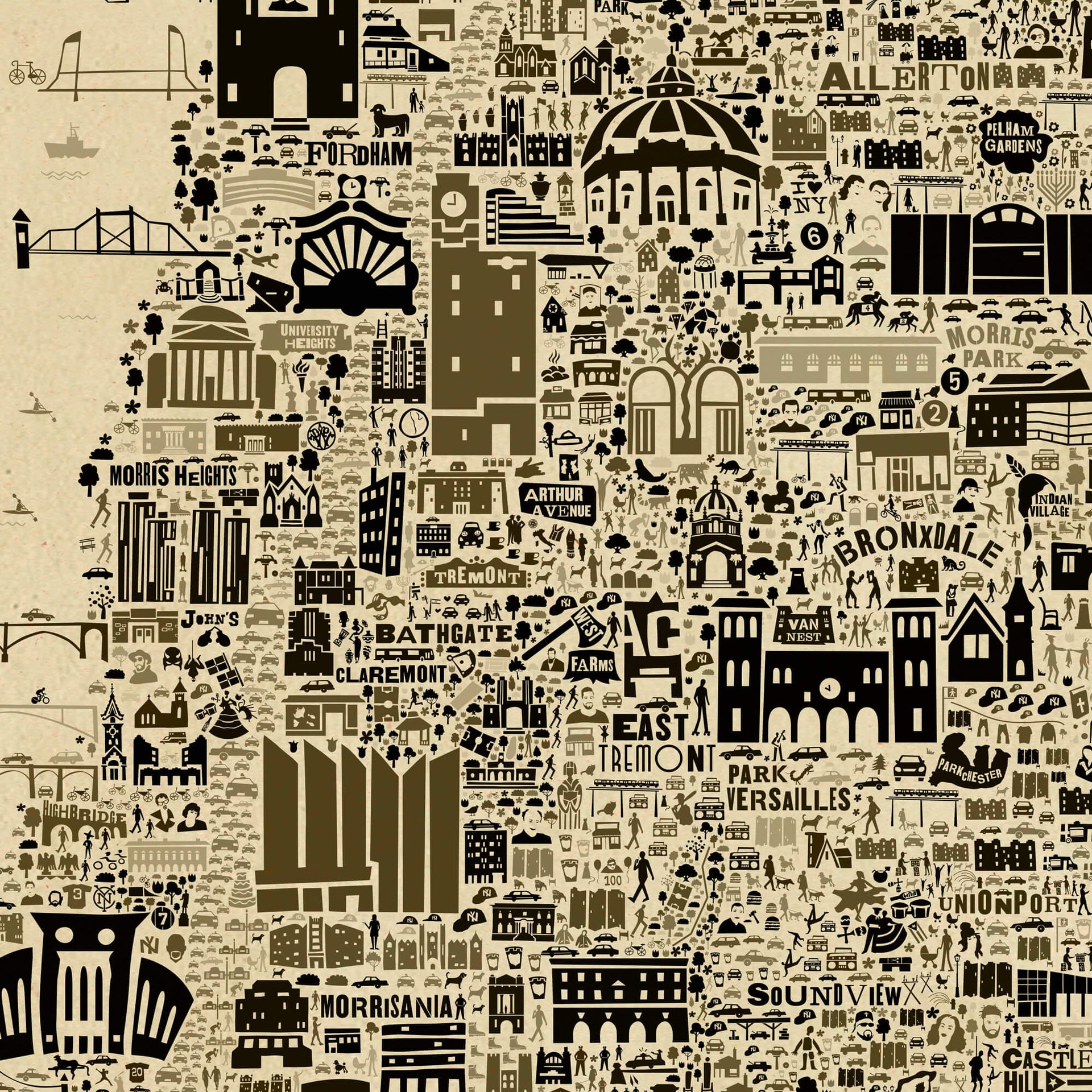 Detailed close-up of The Bronx Antique illustrated map showing neighborhoods and landmarks including Fordham, University Heights, Morris Heights, Bathgate, Tremont, Allerton, Pelham Gardens, Bronx Park, Morris Park, Bronxdale, Soundview, and surrounding architecture and local icons.