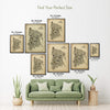 The Bronx Antique illustrated map poster size guide showing seven framed print sizes from 12 x 18 to 30 x 40 inches above a green sofa.