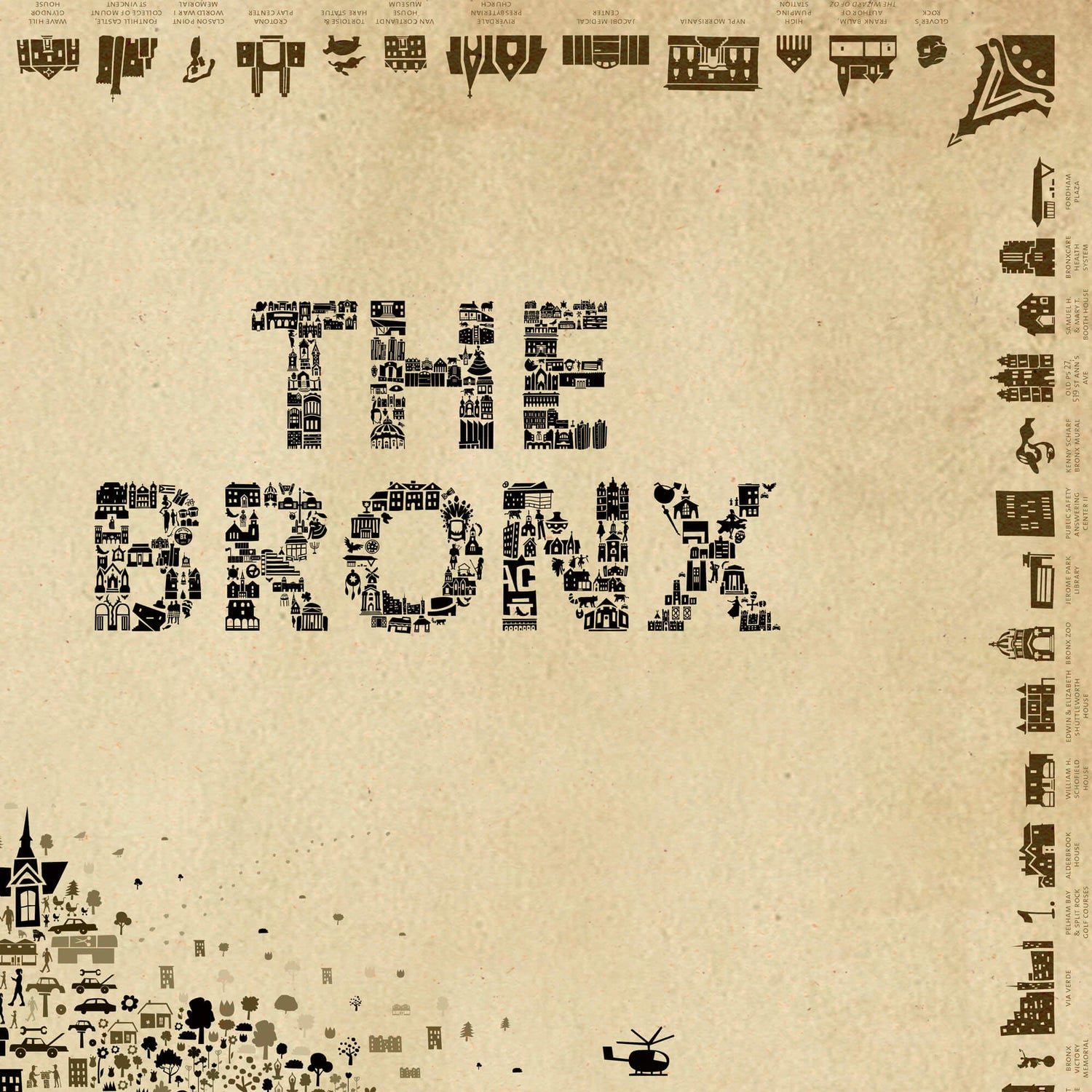 Close-up detail of The Bronx Antique map poster showing the illustrated “THE BRONX” title created from architectural icons, sepia paper texture, portions of the Bronx map, and a decorative border of New York landmarks.