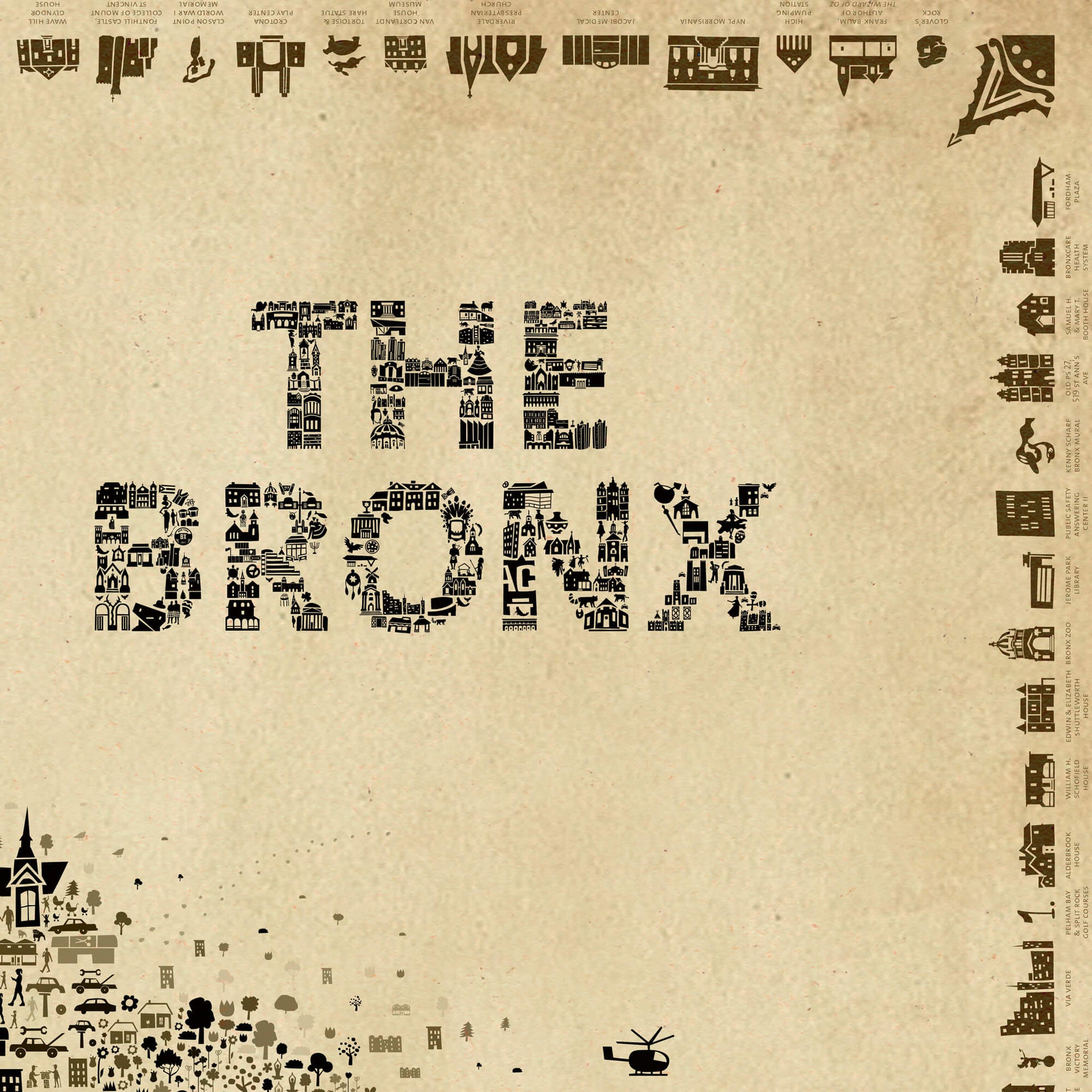 Close-up detail of The Bronx Antique map poster showing the illustrated “THE BRONX” title created from architectural icons, sepia paper texture, portions of the Bronx map, and a decorative border of New York landmarks.