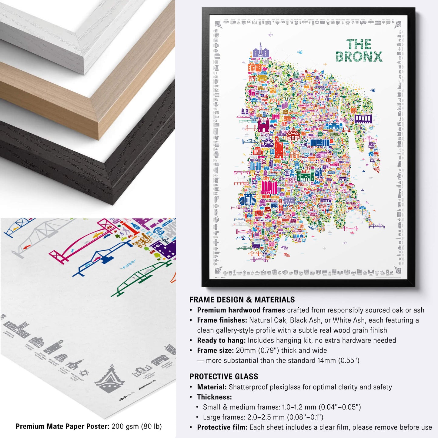 Colorful The Bronx illustrated NYC borough map poster in a black frame with natural oak, black ash and white ash frame options, premium 200 gsm matte paper detail, and protective plexiglass specifications.