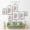 Colorful The Bronx illustrated map poster size guide showing seven framed print sizes from 12 x 18 to 30 x 40 inches above a green sofa.