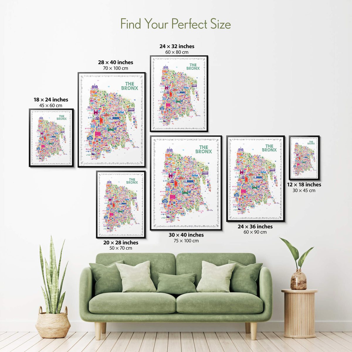 Colorful The Bronx illustrated map poster size guide showing seven framed print sizes from 12 x 18 to 30 x 40 inches above a green sofa.