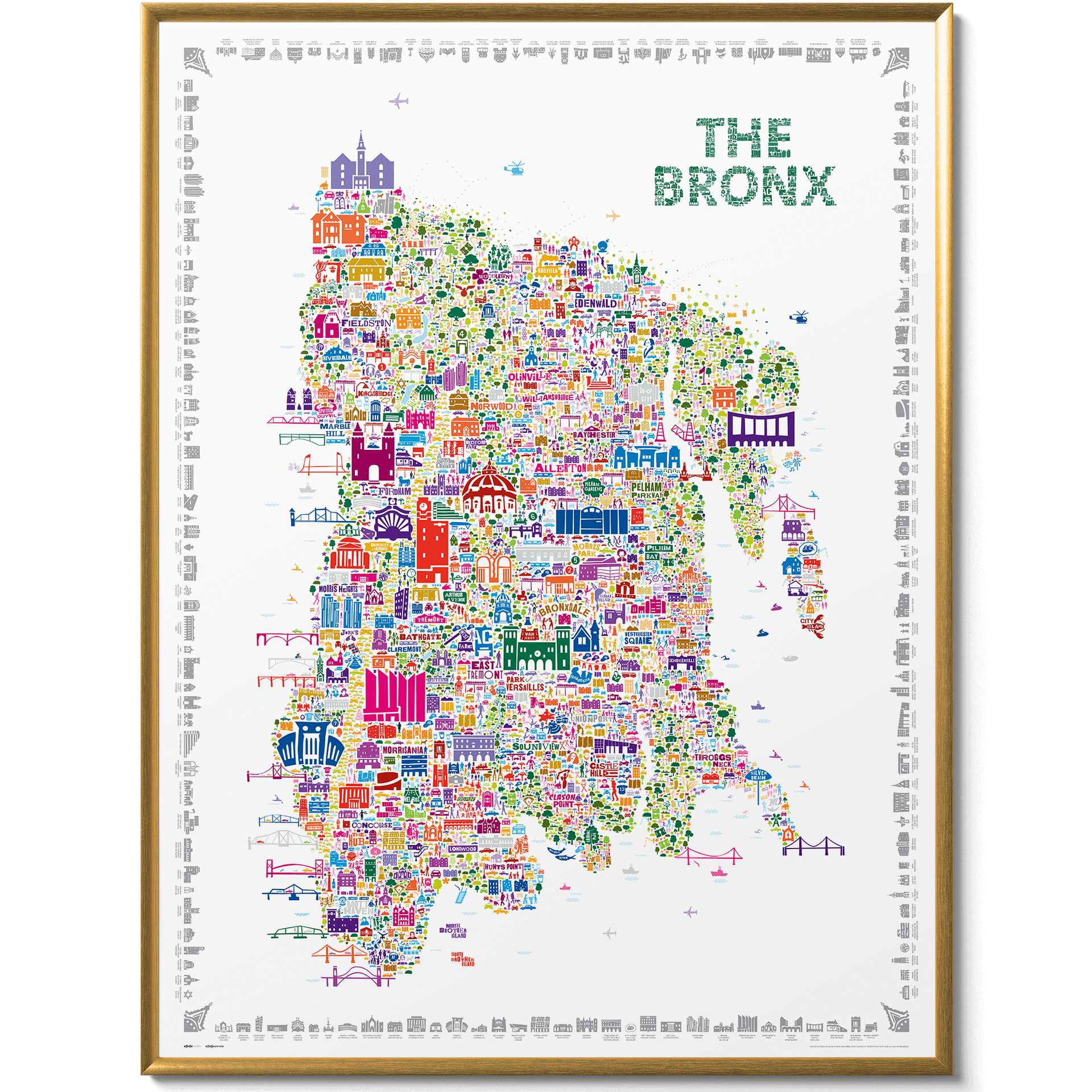 Colorful map of The Bronx with various icons on a white background