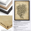 Tokyo Antique illustrated city map poster with black, natural and white hardwood frame options, premium matte paper and detailed framing specifications.