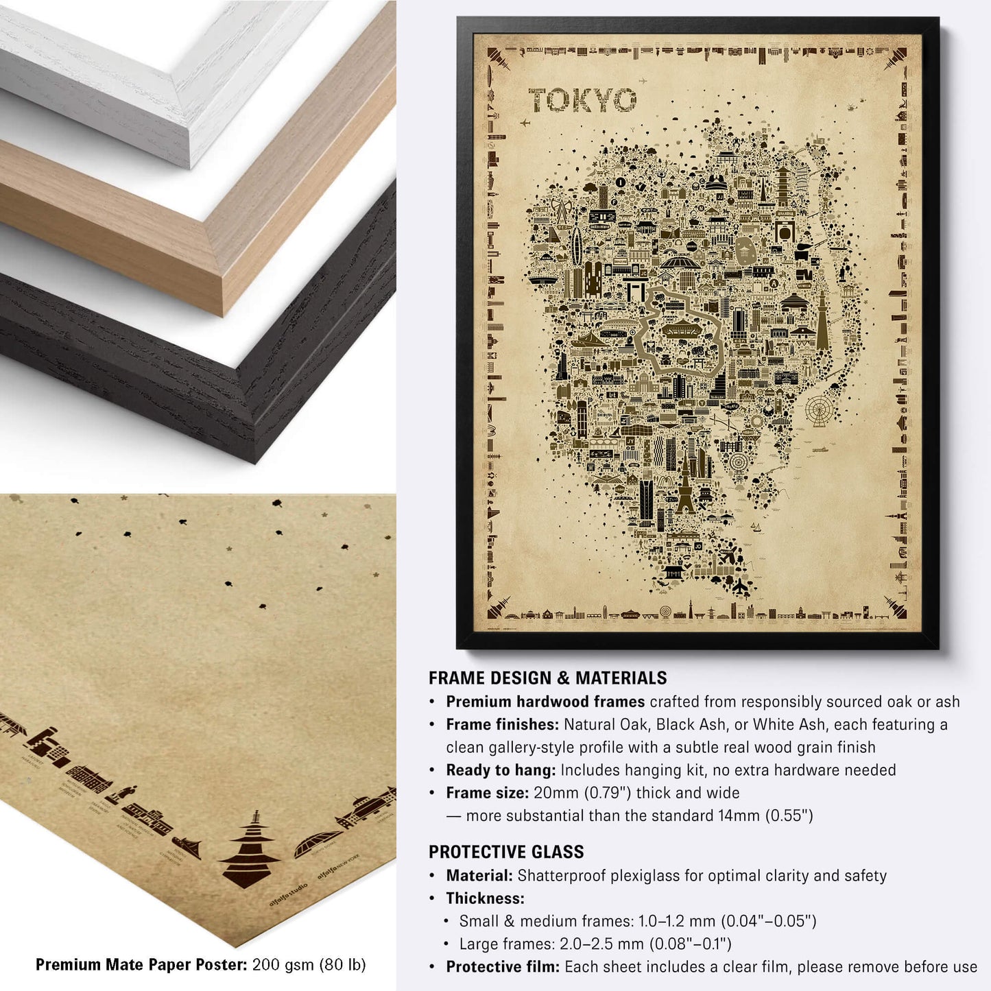 Tokyo Antique illustrated city map poster with black, natural and white hardwood frame options, premium matte paper and detailed framing specifications.