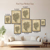 Tokyo Antique illustrated map poster size guide showing seven framed print sizes from 12 x 18 to 30 x 40 inches above a neutral sofa.