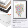 Colorful Tokyo illustrated city map poster with black, natural and white hardwood frame options, premium matte paper and framing specifications.