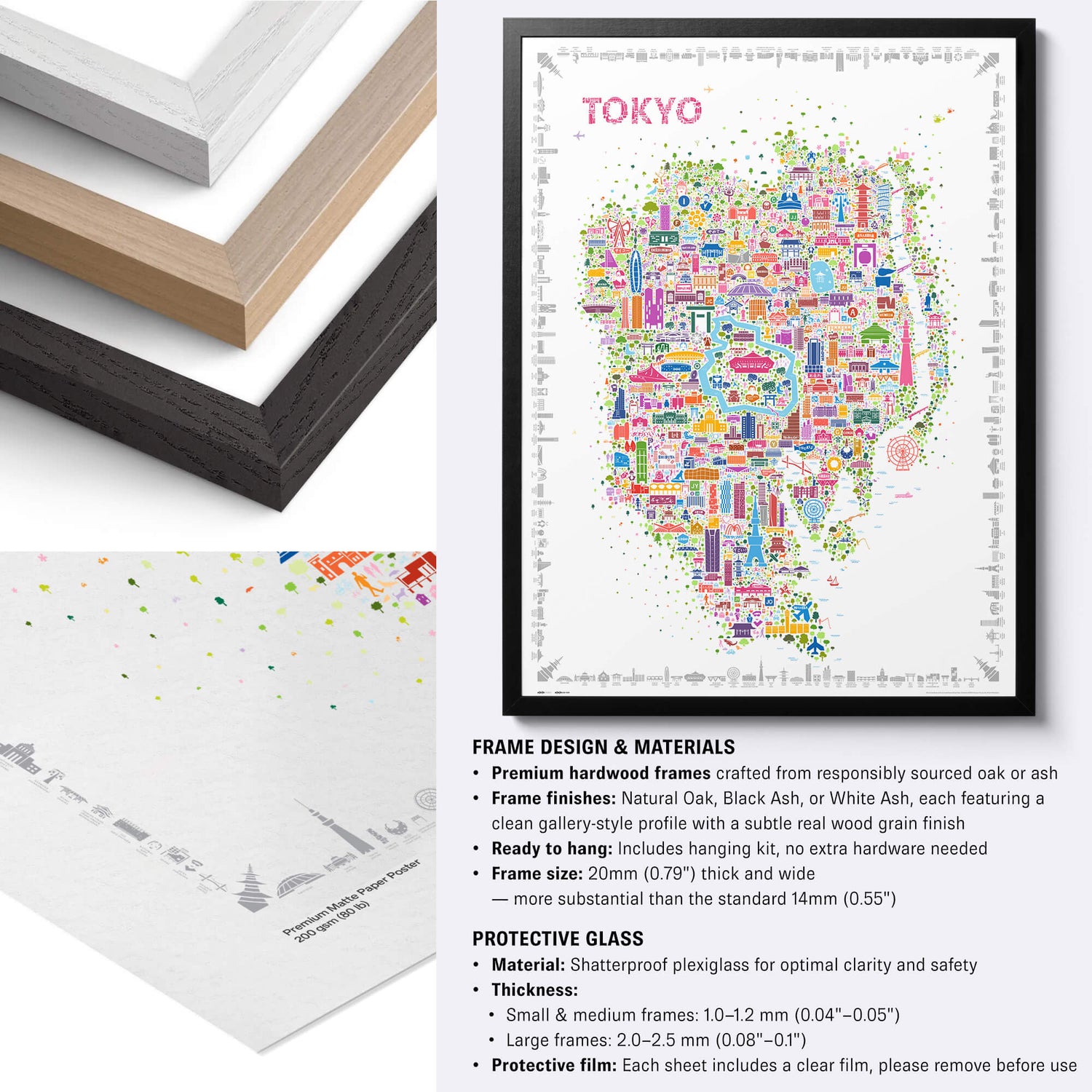 Colorful Tokyo illustrated city map poster with black, natural and white hardwood frame options, premium matte paper and framing specifications.