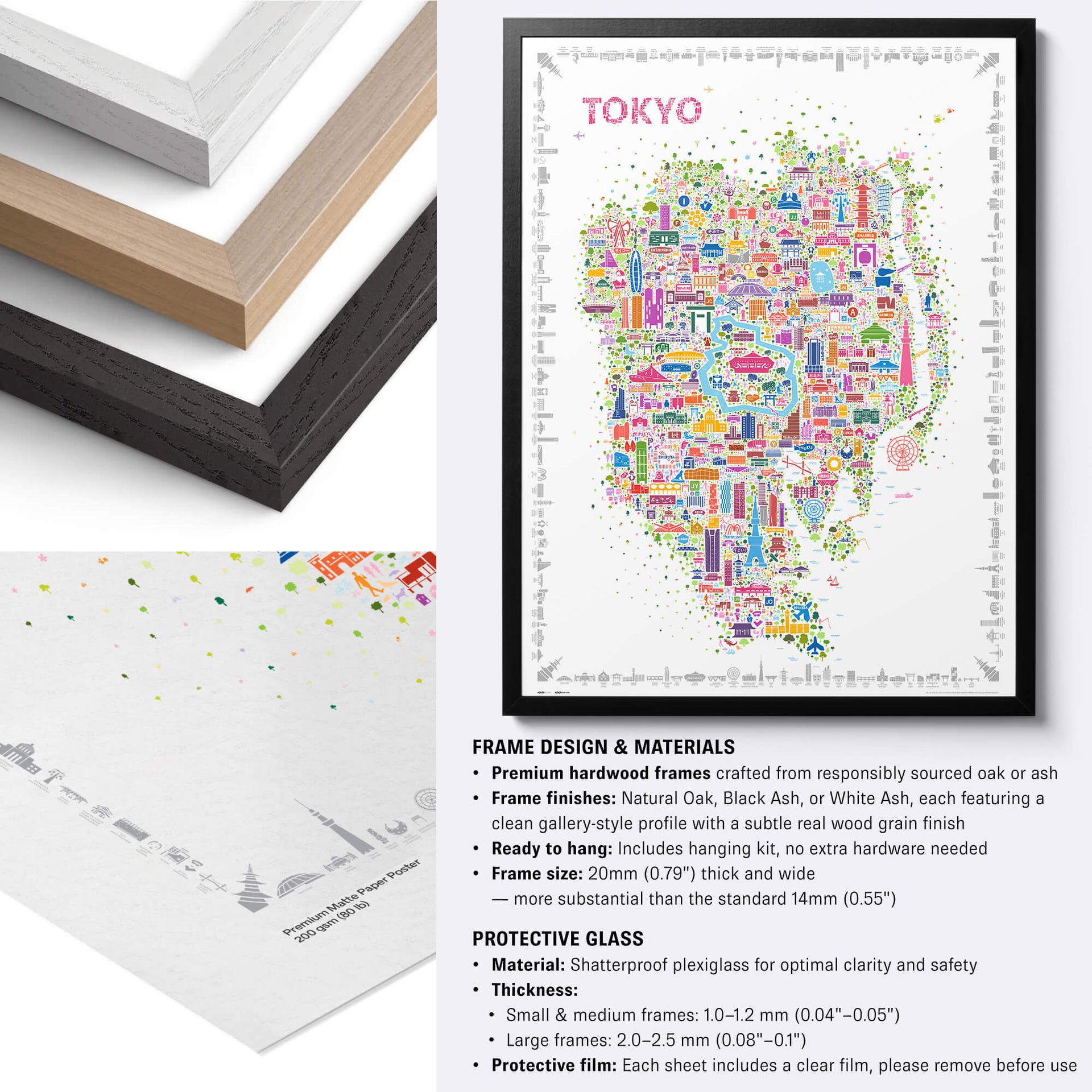 Colorful Tokyo illustrated city map poster with black, natural and white hardwood frame options, premium matte paper and framing specifications.