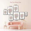 Colorful Tokyo illustrated map poster size guide showing seven framed print sizes from 12 x 18 to 30 x 40 inches above a pink sofa.