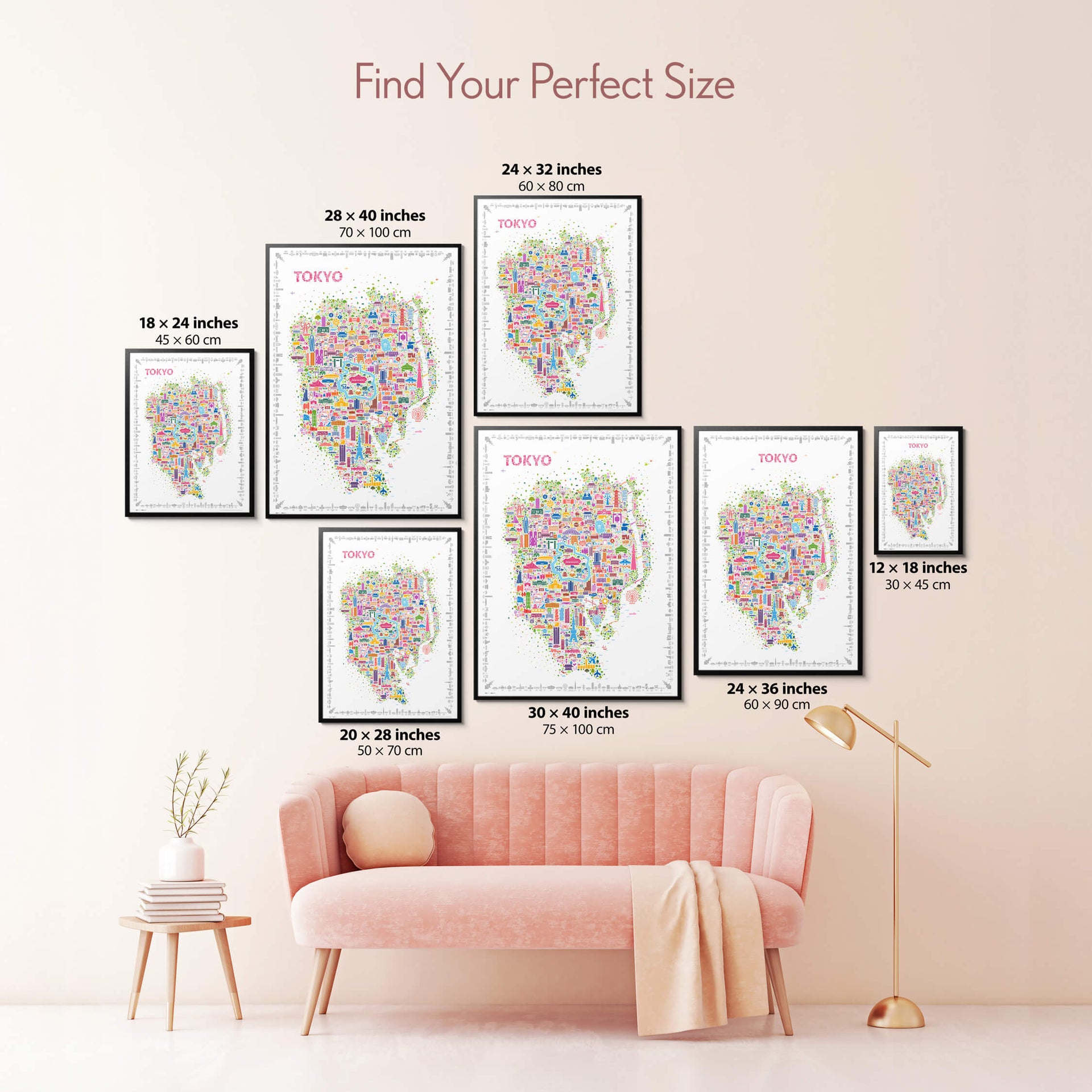 Colorful Tokyo illustrated map poster size guide showing seven framed print sizes from 12 x 18 to 30 x 40 inches above a pink sofa.