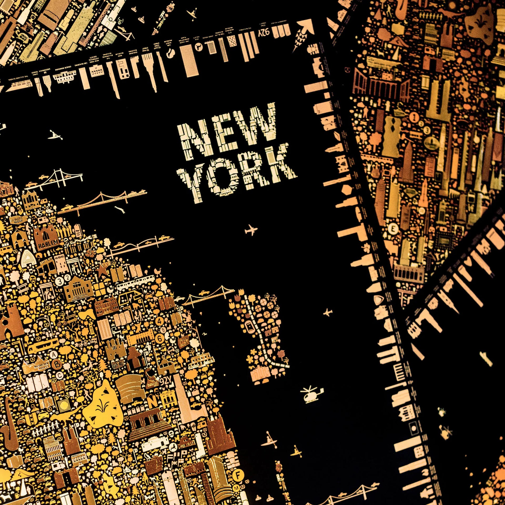 Map of New York City with detailed illustrations on a black background