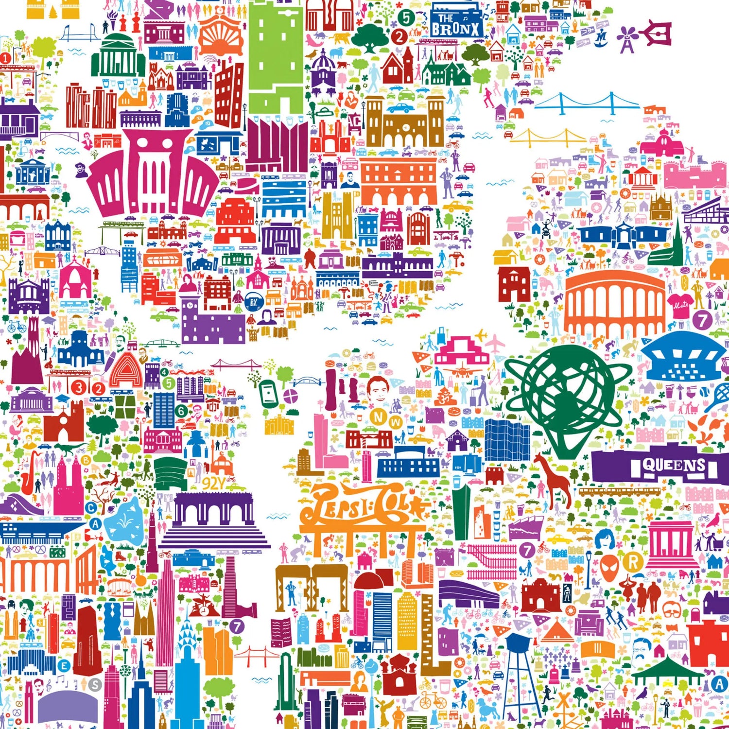 Close-up section of Alfalfa New York illustrated map poster showing detailed landmarks of Queens, Bronx, and Manhattan including the Unisphere, Pepsi-Cola sign, and Yankee Stadium in vibrant colors.