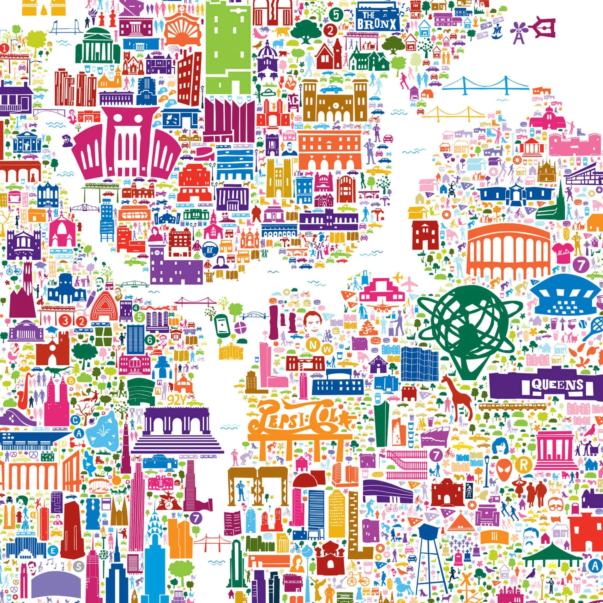 Close-up section of Alfalfa New York illustrated map poster showing detailed landmarks of Queens, Bronx, and Manhattan including the Unisphere, Pepsi-Cola sign, and Yankee Stadium in vibrant colors.