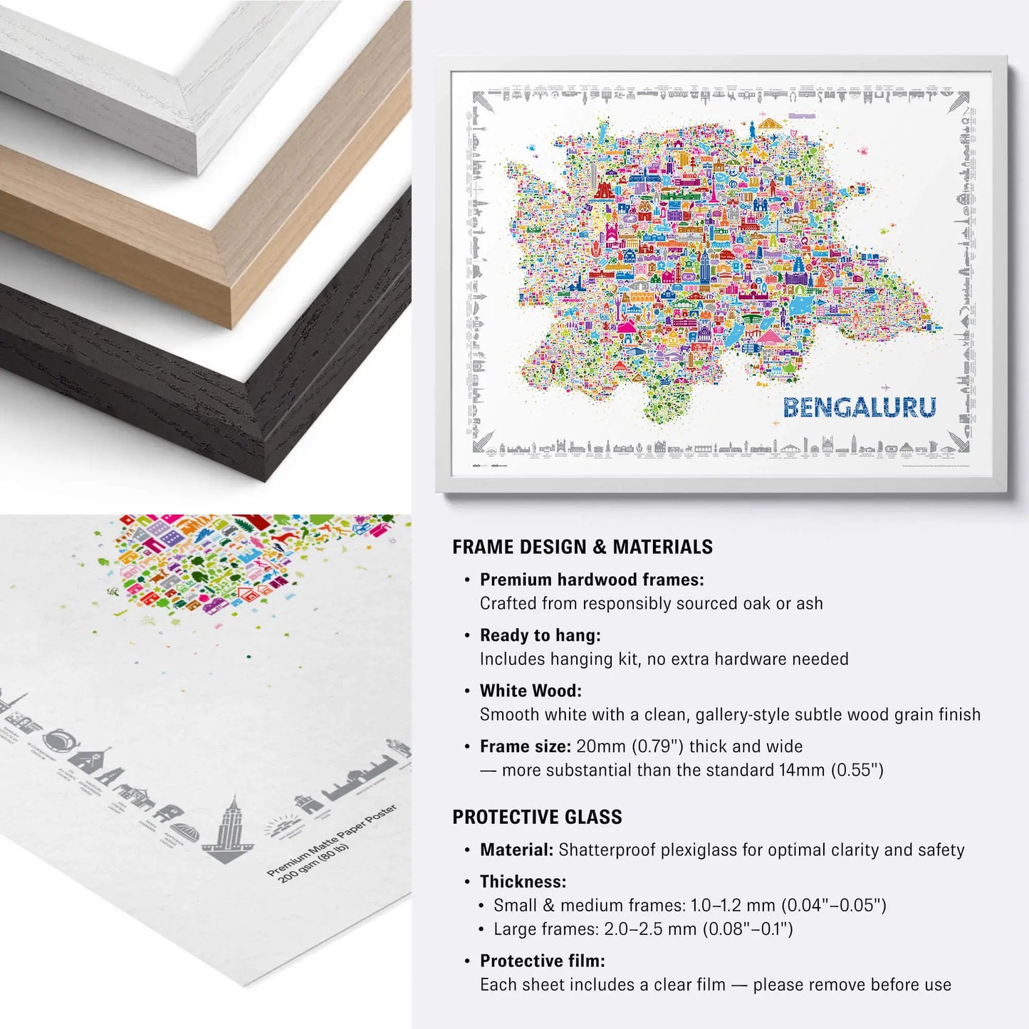 Colorful map of Bengaluru framed with details on frame design and materials.